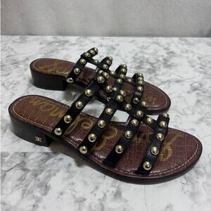 Sam Edelman Juniper Leather Studded Sandals 9 Blk Gold Thong Slip On Block Heel